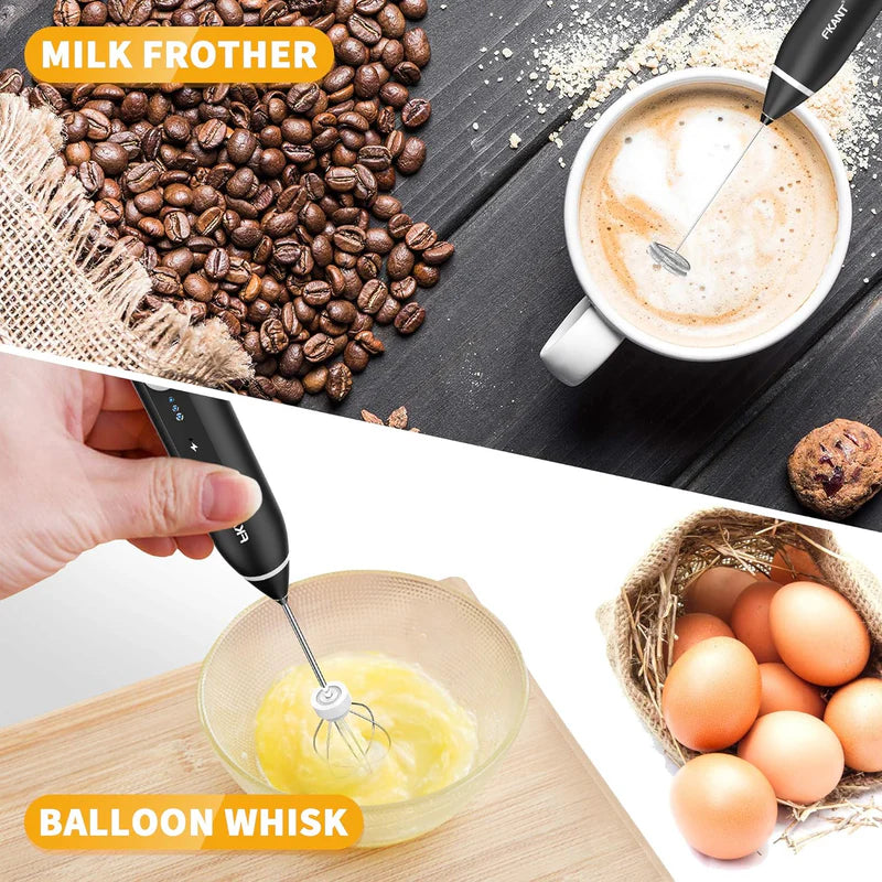 Powerful Handheld Rechargeable Milk Frother with 3 Speed Settings and 2 Attachments for Coffee Latte Hot Chocolate and Eggs