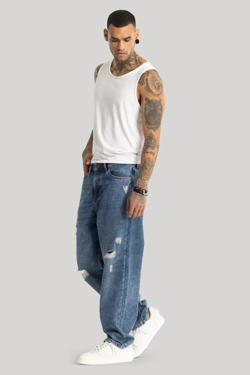Durable Blue Loose Fit Jeans for Men with Distressed Detailing