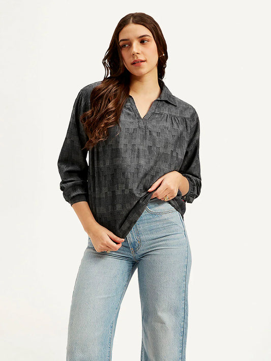 Women’s Charcoal Grey Abstract Design Spread Collar Everyday Top