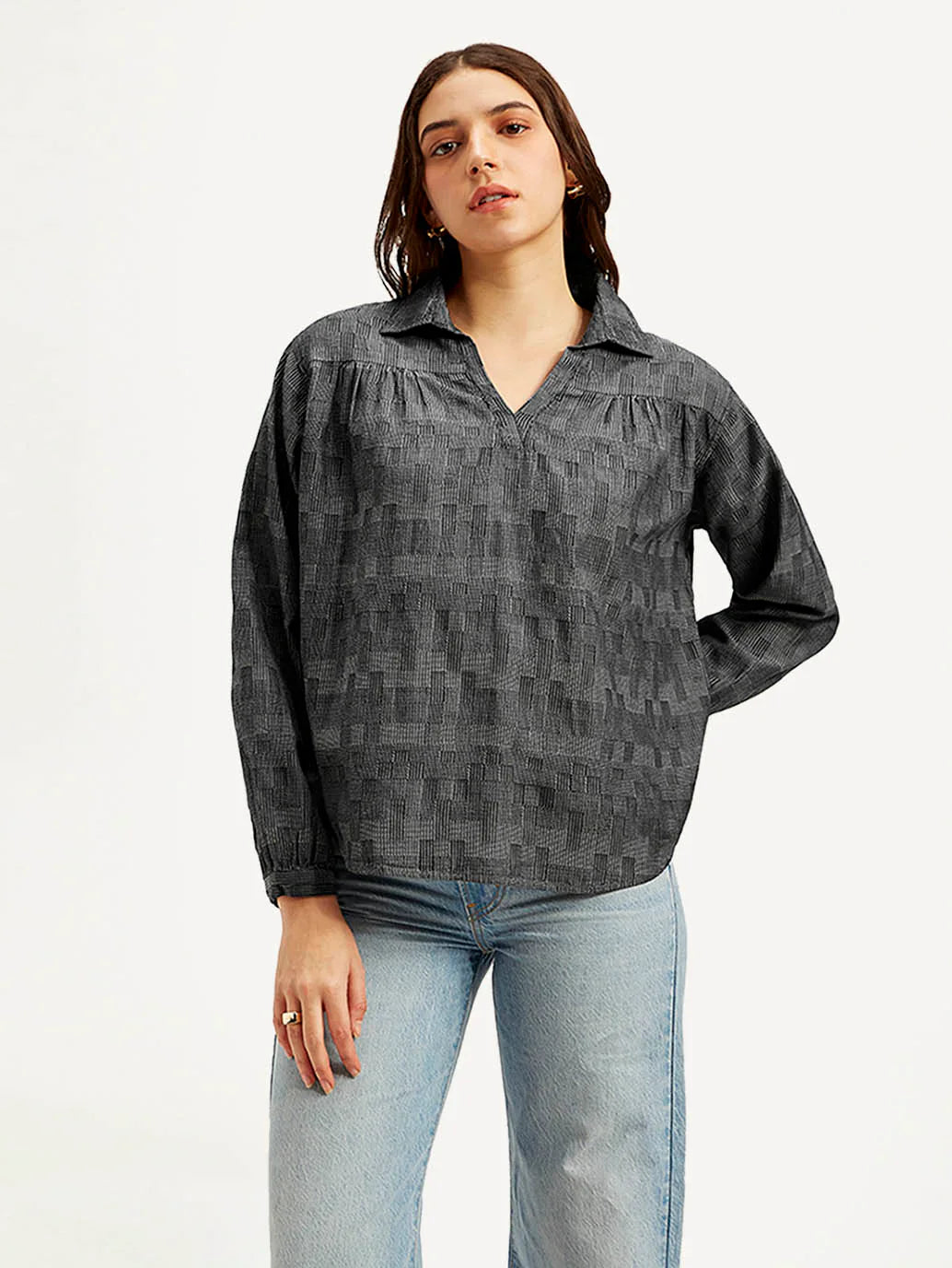 Women’s Charcoal Grey Abstract Design Spread Collar Everyday Top