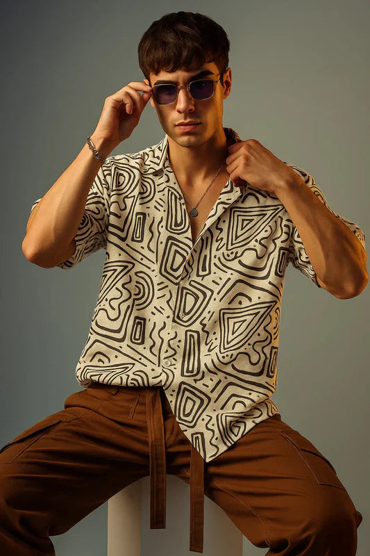 Modern Men’s Oversized Camp Collar Shirt in White and Black Printed Design