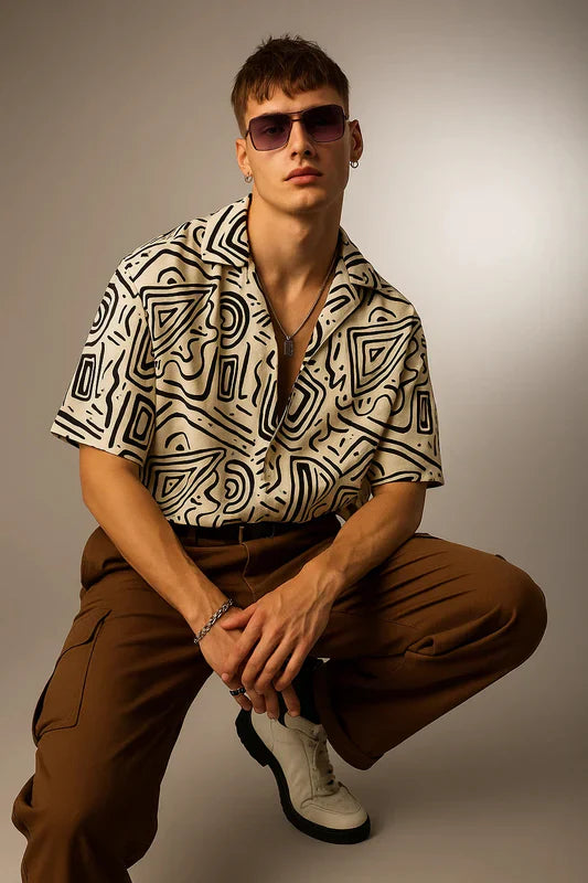 Modern Men’s Oversized Camp Collar Shirt in White and Black Printed Design