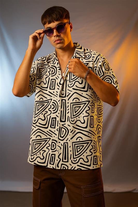 Modern Men’s Oversized Camp Collar Shirt in White and Black Printed Design