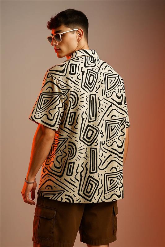 Modern Men’s Oversized Camp Collar Shirt in White and Black Printed Design