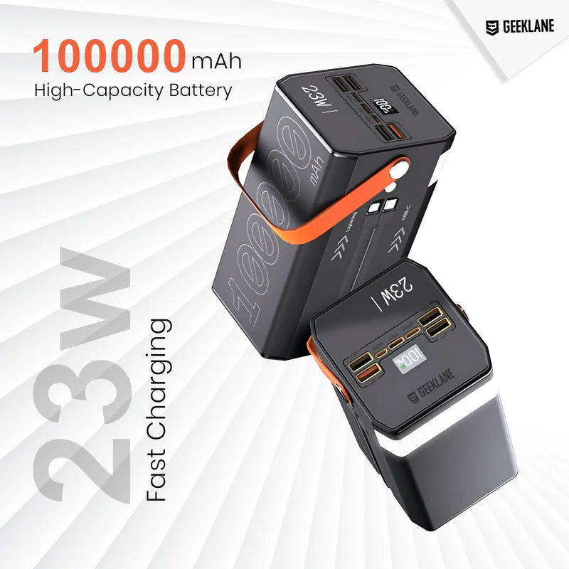 Ultra-High Capacity Li-Po Power Bank with Fast Charging, Built-In Type-C and Lightning Cables, and Torch