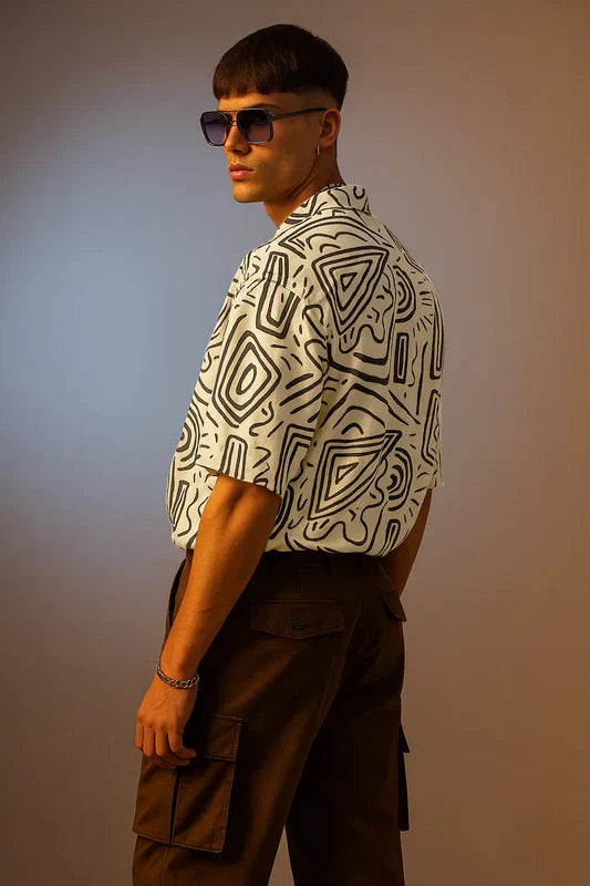 Modern Men’s Oversized Camp Collar Shirt in White and Black Printed Design
