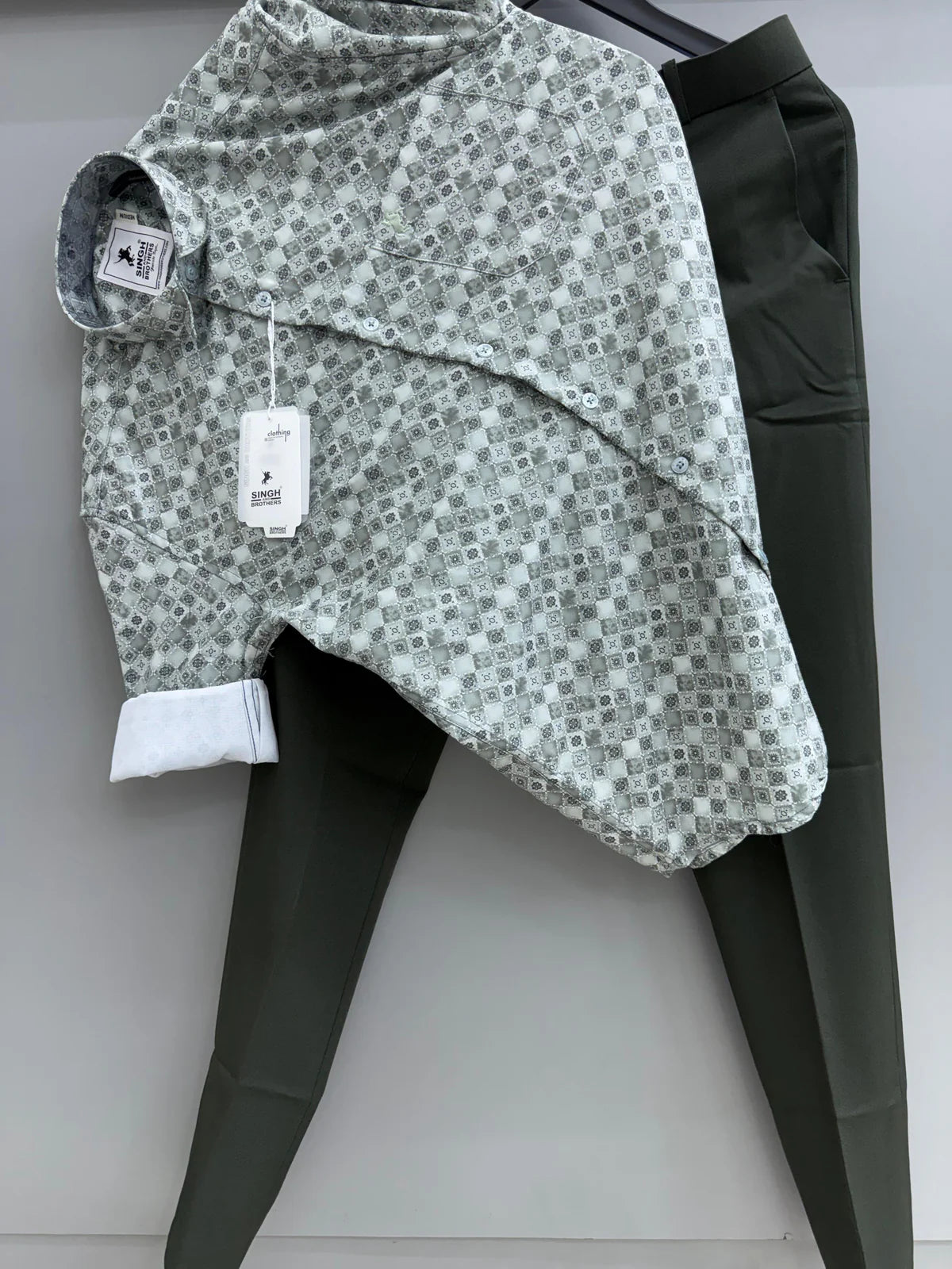 Soft Fabric Light Green Printed Shirt with Dark Green Men’s Formal Pants