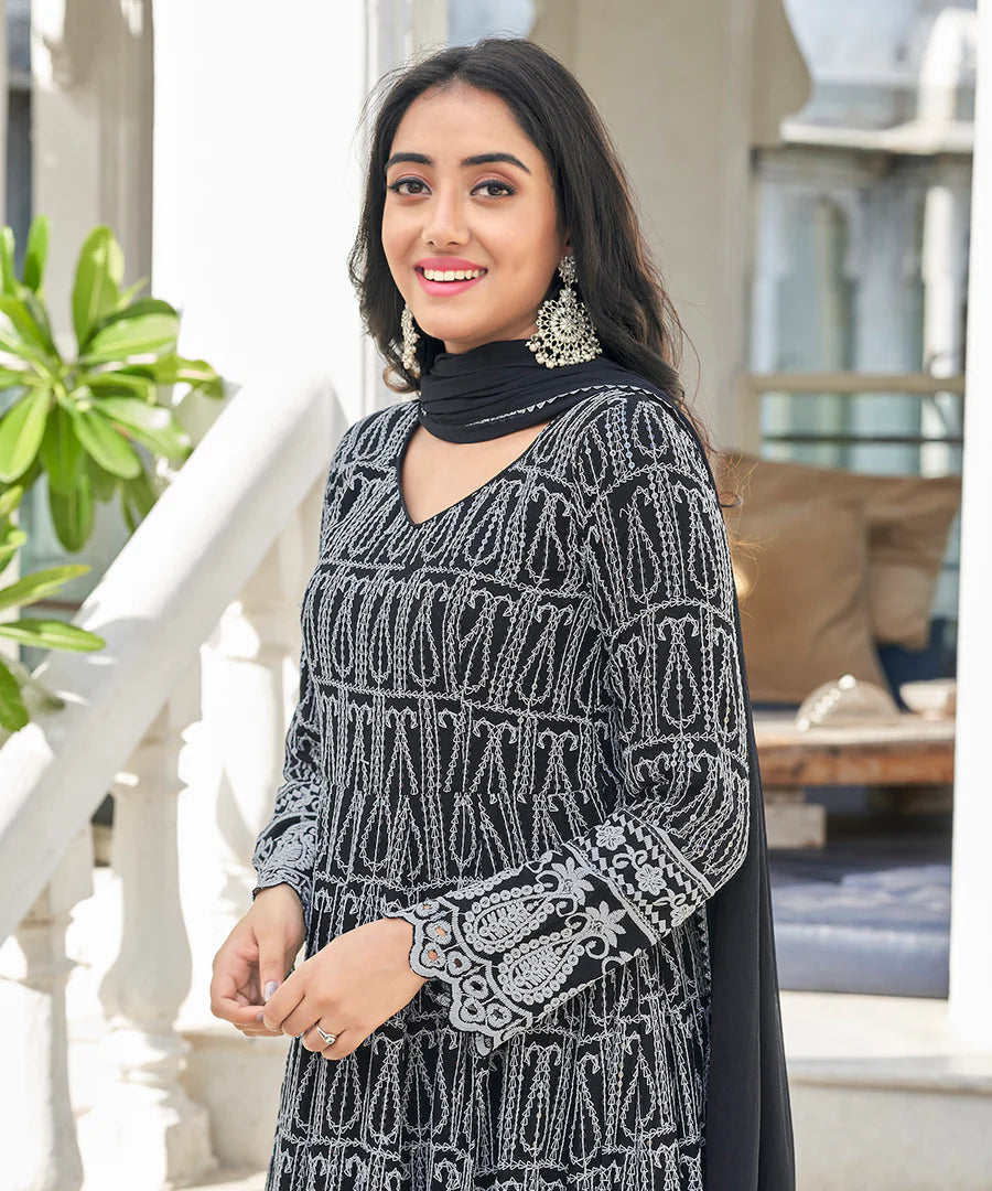 Classic Black Chikankari Straight Kurta Set with Pant and Dupatta for Women Festive Fashio