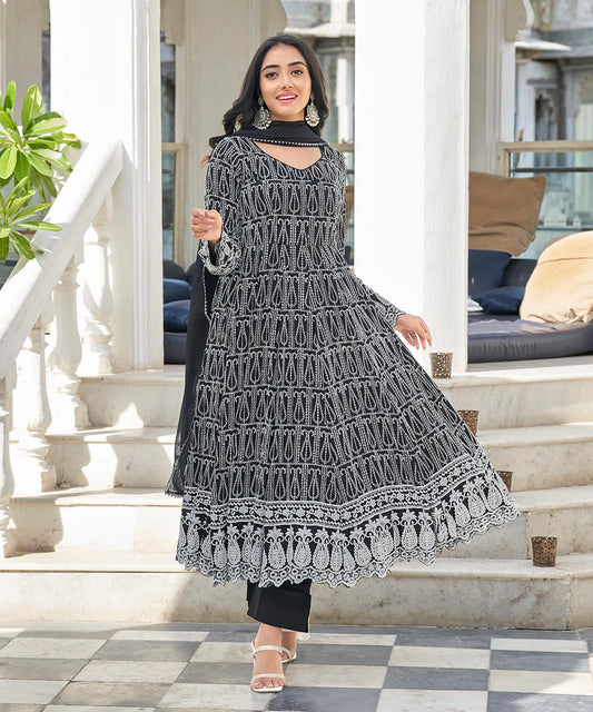 Classic Black Chikankari Straight Kurta Set with Pant and Dupatta for Women Festive Fashio