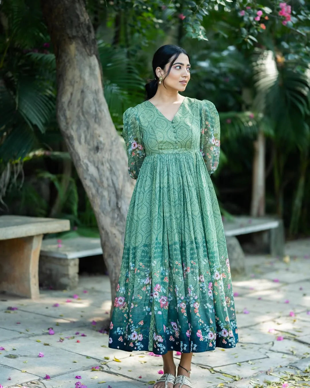 Women’s Elegant Green Floral Print Anarkali Dress for Festive Occasions