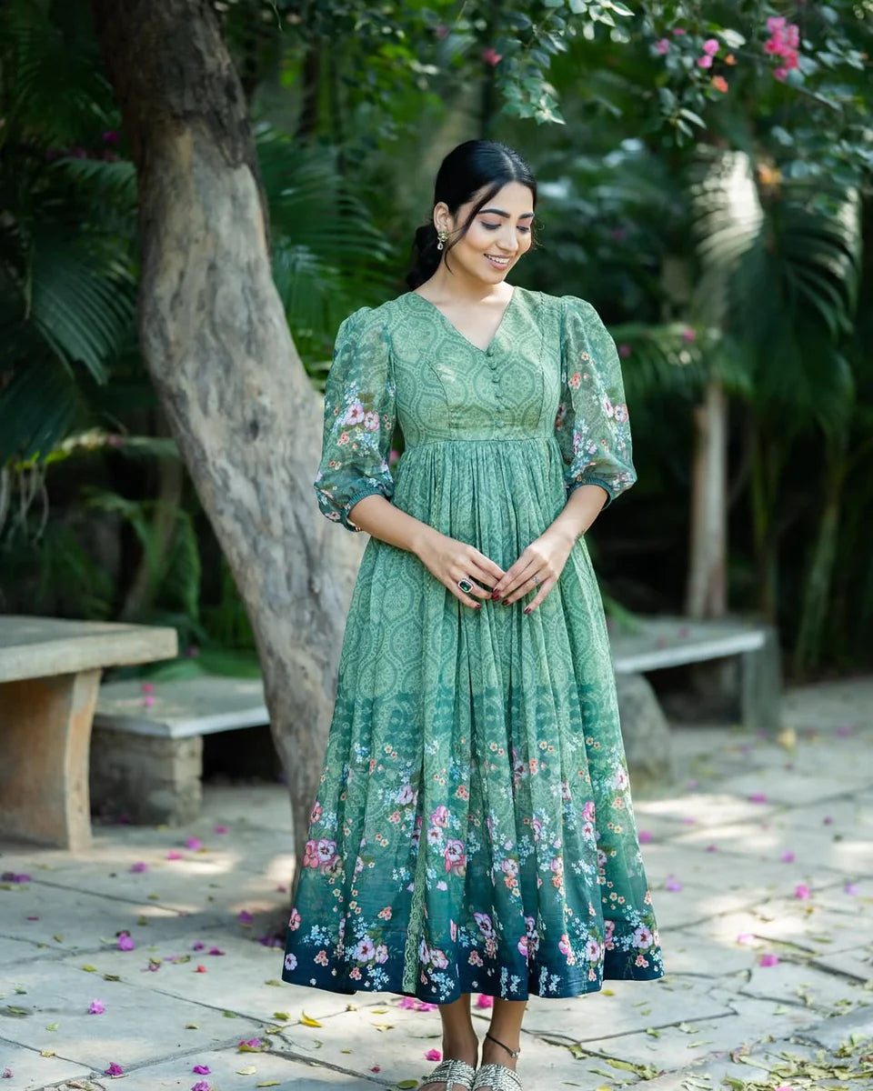 Women’s Elegant Green Floral Print Anarkali Dress for Festive Occasions