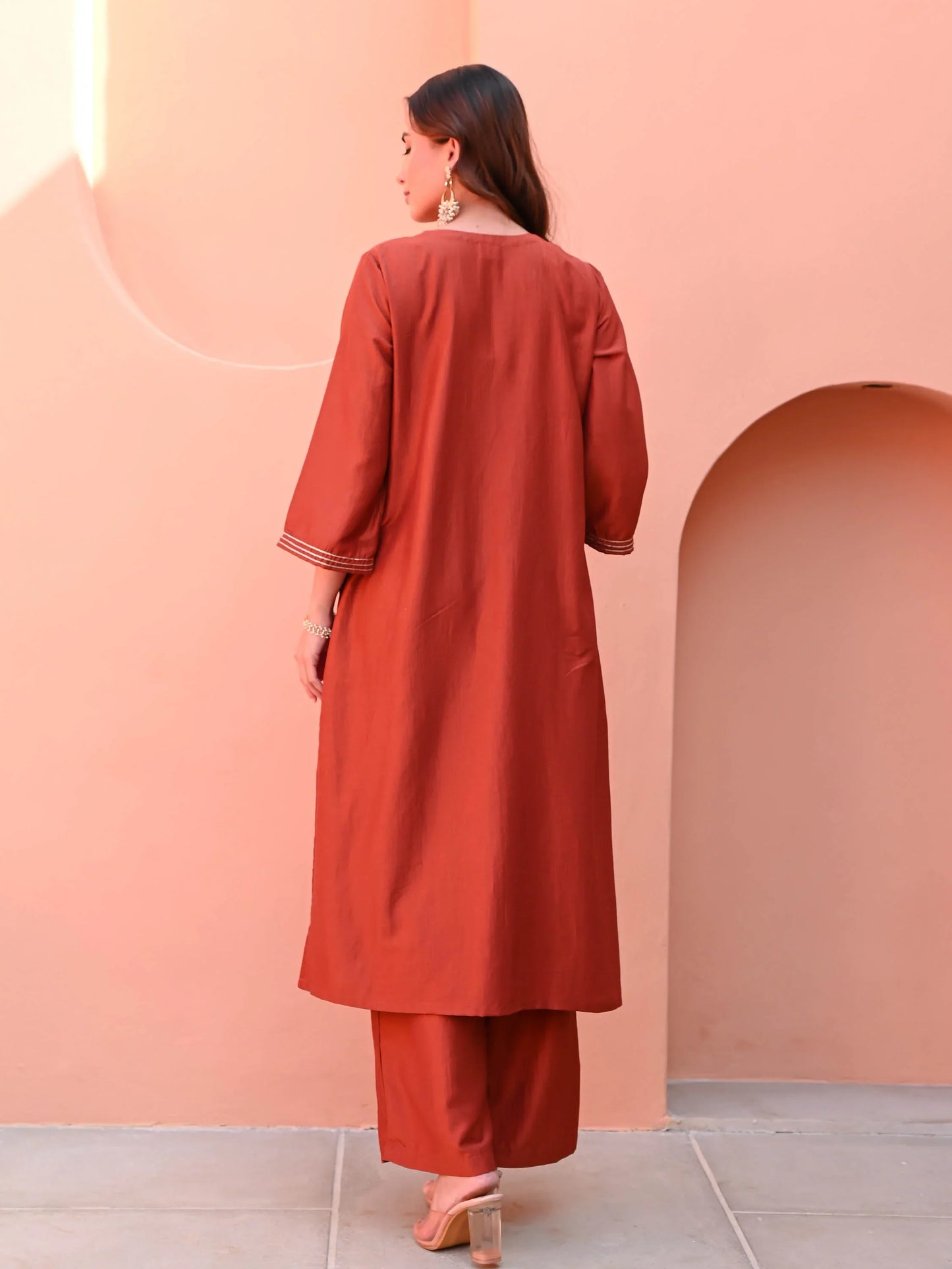 Elegant Burnt Orange Silk Kurti for Women with Traditional Detailing