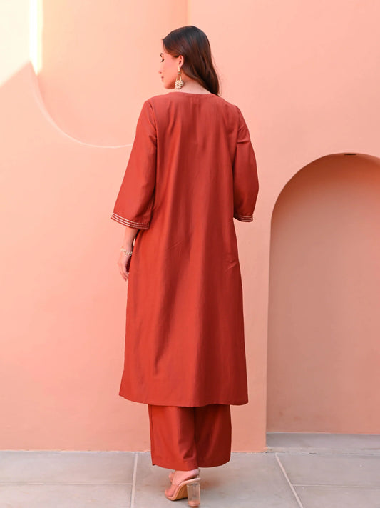 Elegant Burnt Orange Silk Kurti for Women with Traditional Detailing