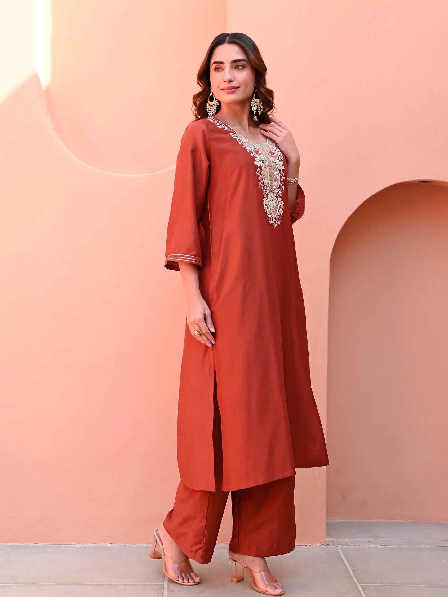 Elegant Burnt Orange Silk Kurti for Women with Traditional Detailing