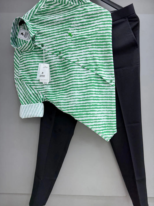 Elegant Men’s Green Stripe Printed Shirt and Formal Pant Combo for Corporate and Semi-Formal Occasions