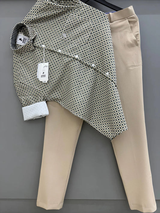 Elegant Green Dot Printed Shirt with Cream Formal Pants for Workwear
