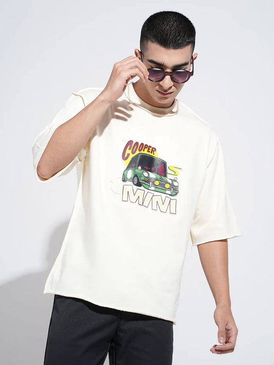 Mens Cream Oversized T Shirt with Stylish Graphic Print and Comfortable Round Neck