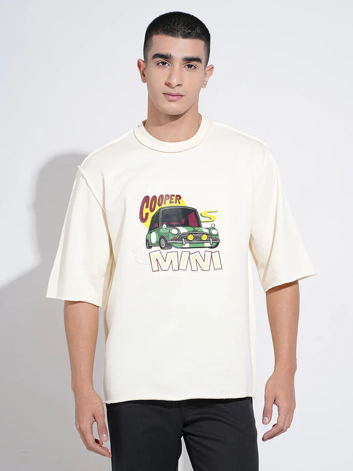 Mens Cream Oversized T Shirt with Stylish Graphic Print and Comfortable Round Neck