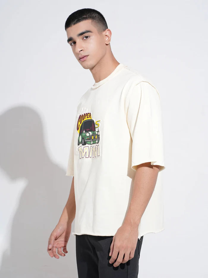 Mens Cream Oversized T Shirt with Stylish Graphic Print and Comfortable Round Neck