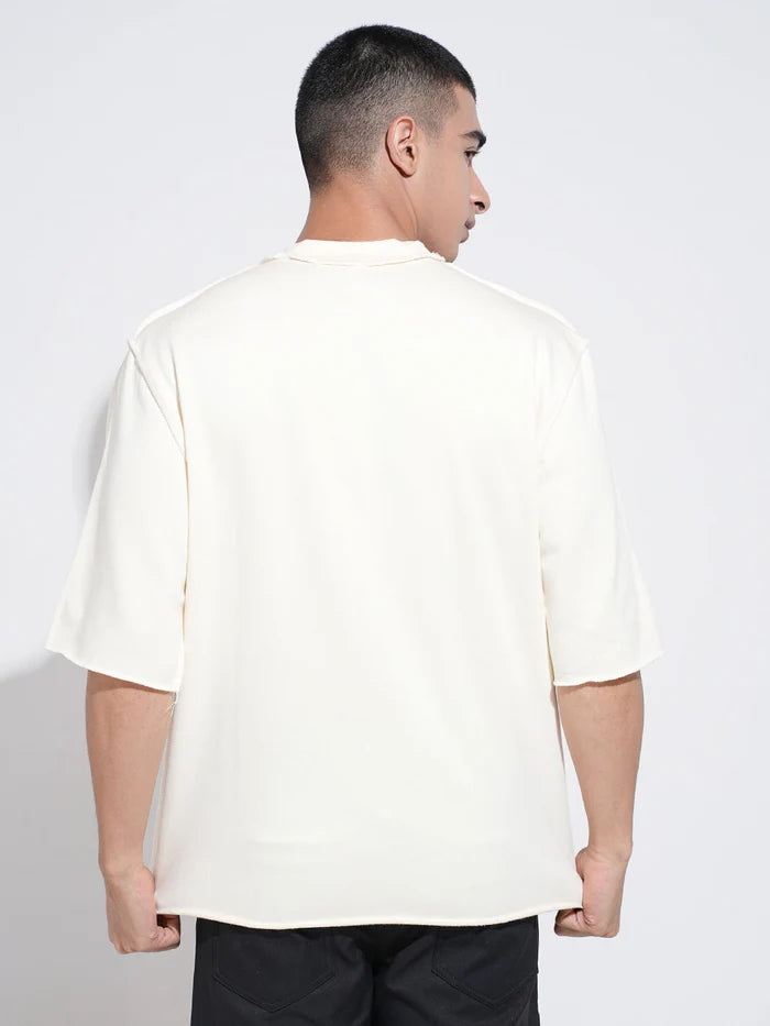 Mens Cream Oversized T Shirt with Stylish Graphic Print and Comfortable Round Neck