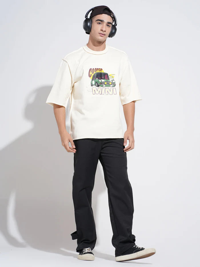 Mens Cream Oversized T Shirt with Stylish Graphic Print and Comfortable Round Neck