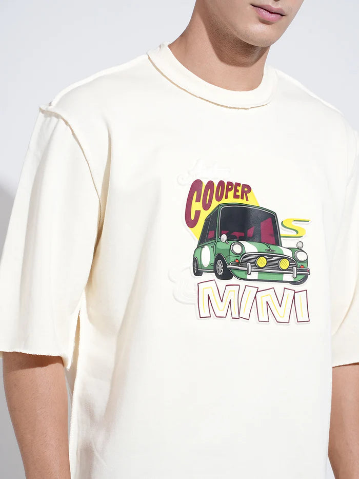 Mens Cream Oversized T Shirt with Stylish Graphic Print and Comfortable Round Neck