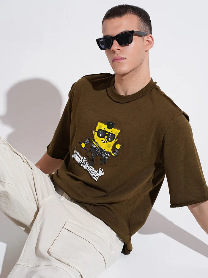 Mens Olive Oversized Round Neck T Shirt with Stylish Graphic Print and Casual Look