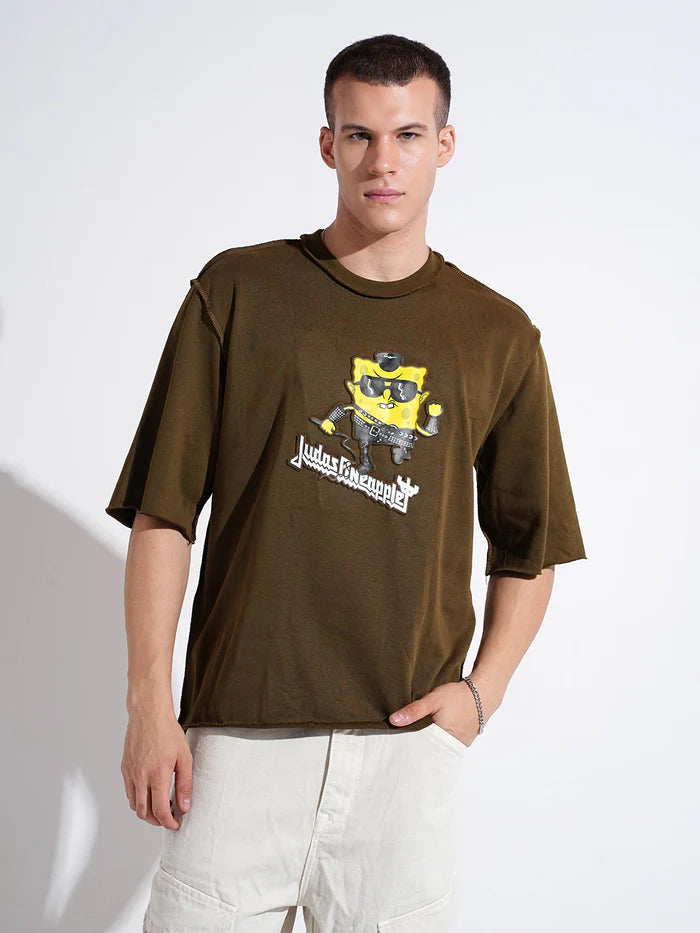 Mens Olive Oversized Round Neck T Shirt with Stylish Graphic Print and Casual Look
