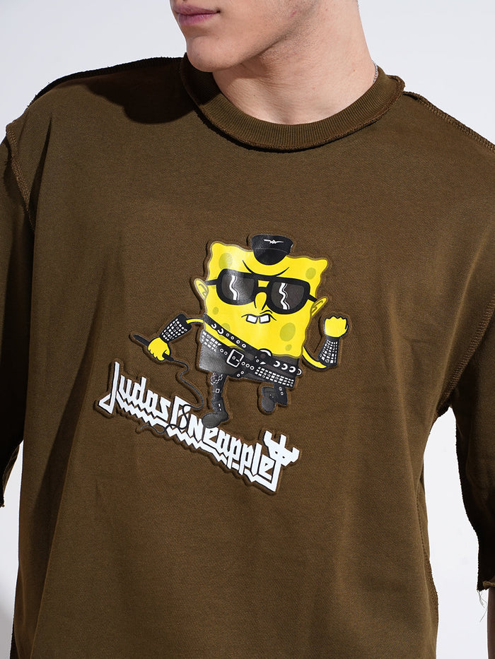 Mens Olive Oversized Round Neck T Shirt with Stylish Graphic Print and Casual Look