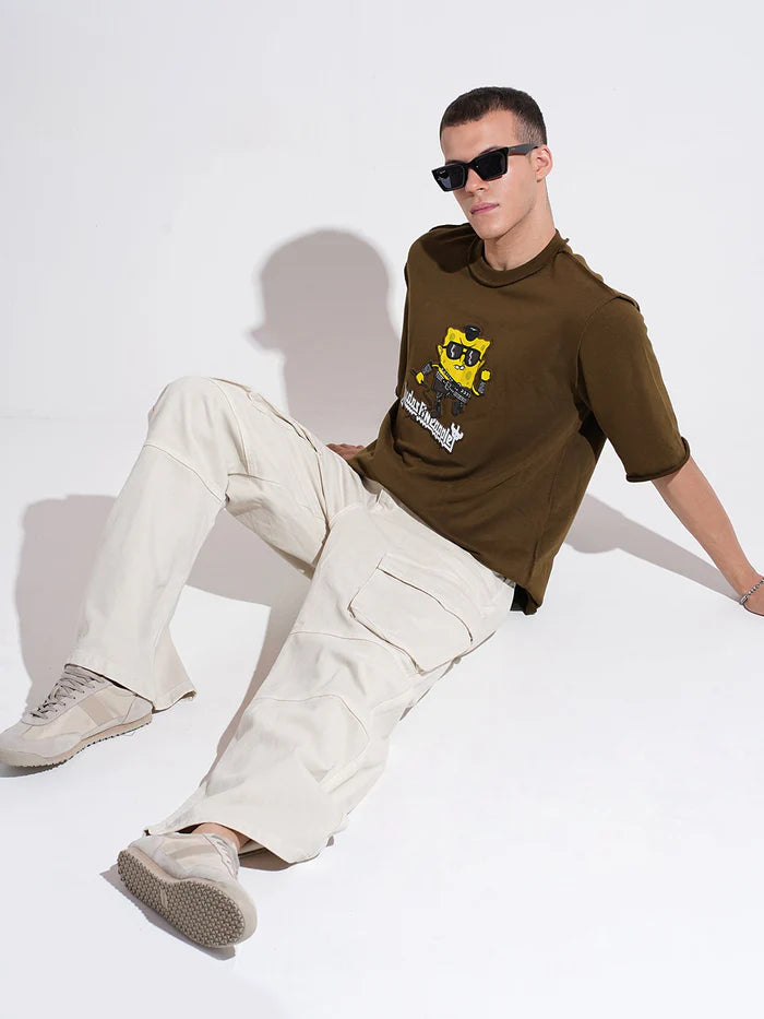 Mens Olive Oversized Round Neck T Shirt with Stylish Graphic Print and Casual Look