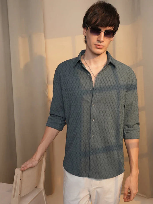 Relaxed Fit Oversized Shirt Made with Honeycomb Patterned Fabric