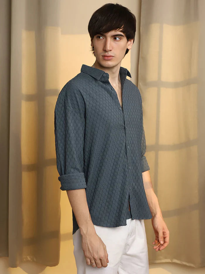 Relaxed Fit Oversized Shirt Made with Honeycomb Patterned Fabric