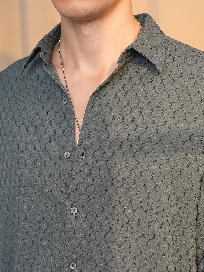 Relaxed Fit Oversized Shirt Made with Honeycomb Patterned Fabric