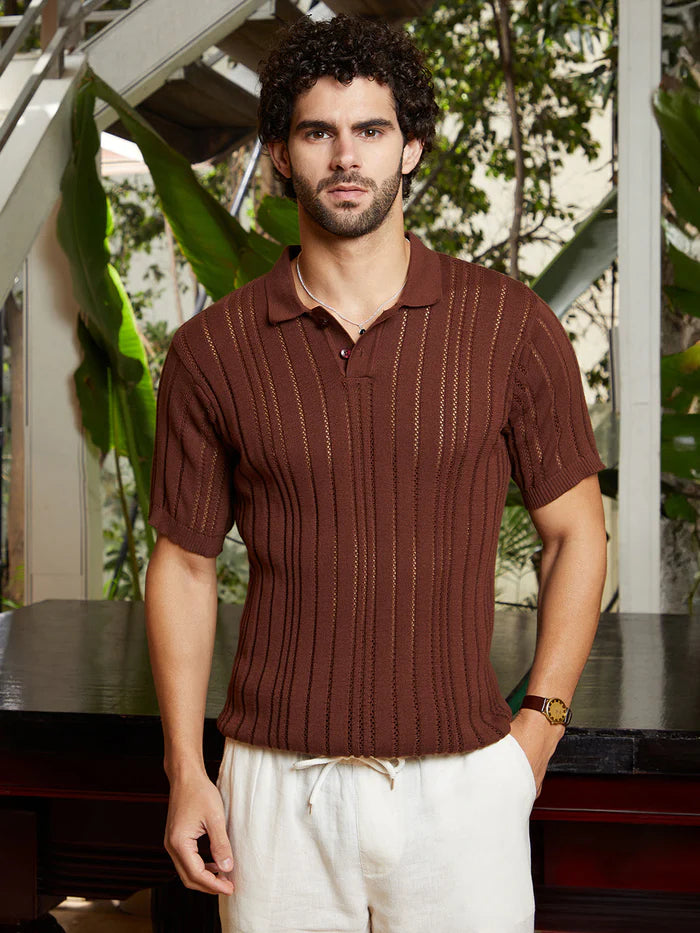Stripe Textured Polo T Shirt with Elegant Design and Relaxed Fit for Daily Outfits