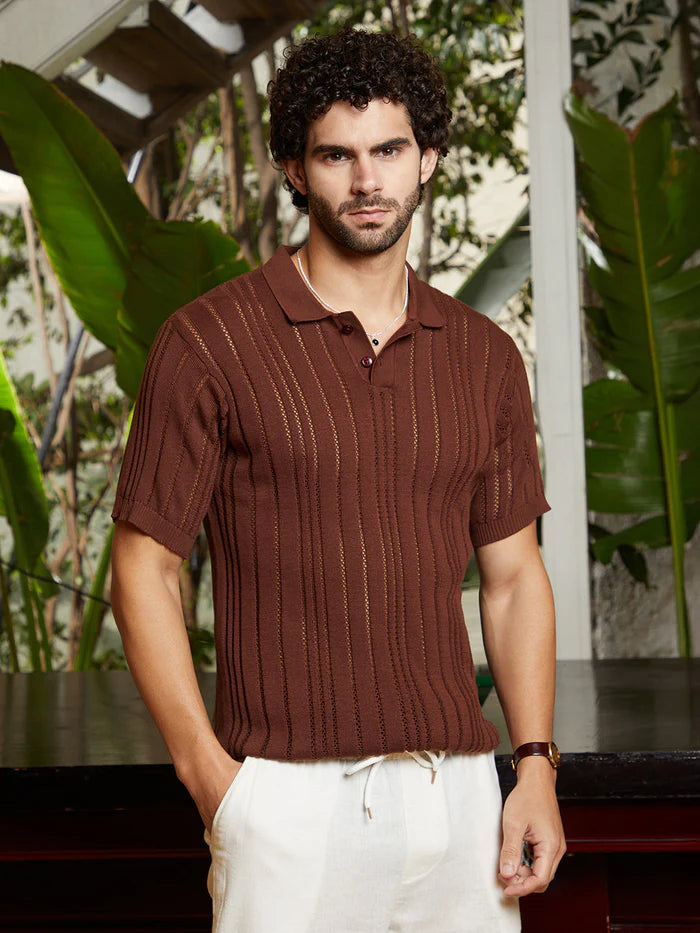Stripe Textured Polo T Shirt with Elegant Design and Relaxed Fit for Daily Outfits