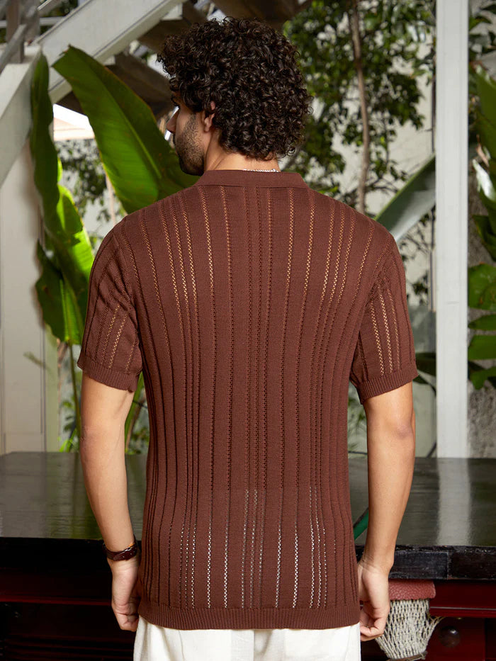 Stripe Textured Polo T Shirt with Elegant Design and Relaxed Fit for Daily Outfits