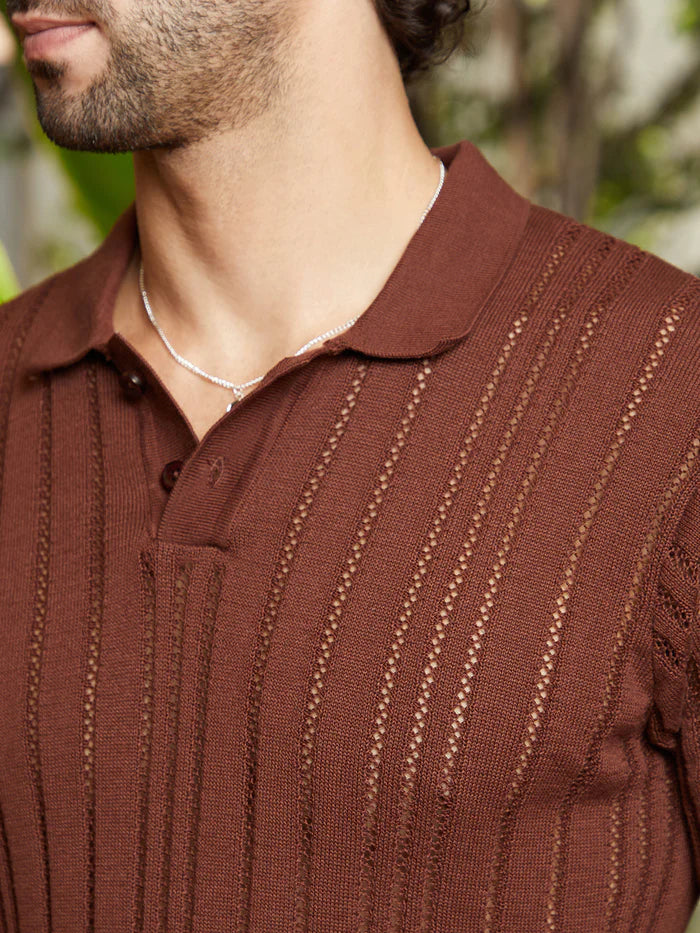 Stripe Textured Polo T Shirt with Elegant Design and Relaxed Fit for Daily Outfits