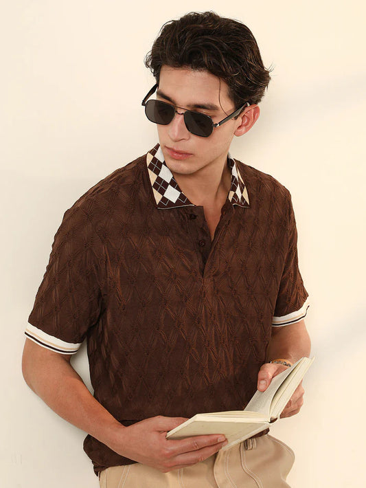 Block Argyle Knit Polo T Shirt Ideal for Casual Wear with Soft and Comfortable Texture