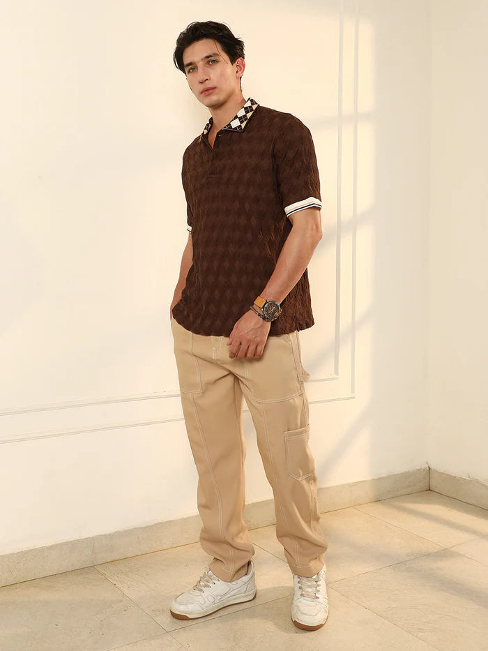 Block Argyle Knit Polo T Shirt Ideal for Casual Wear with Soft and Comfortable Texture