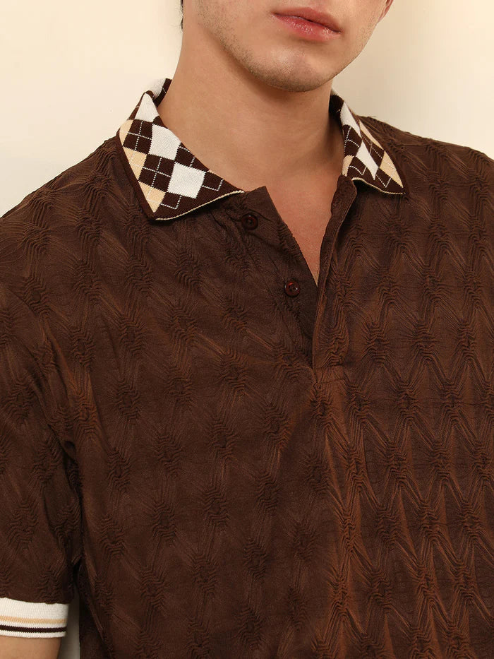 Block Argyle Knit Polo T Shirt Ideal for Casual Wear with Soft and Comfortable Texture