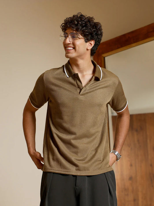 Ribbed Knit Polo T Shirt with Short Sleeves and Stylish Slim Fit Look