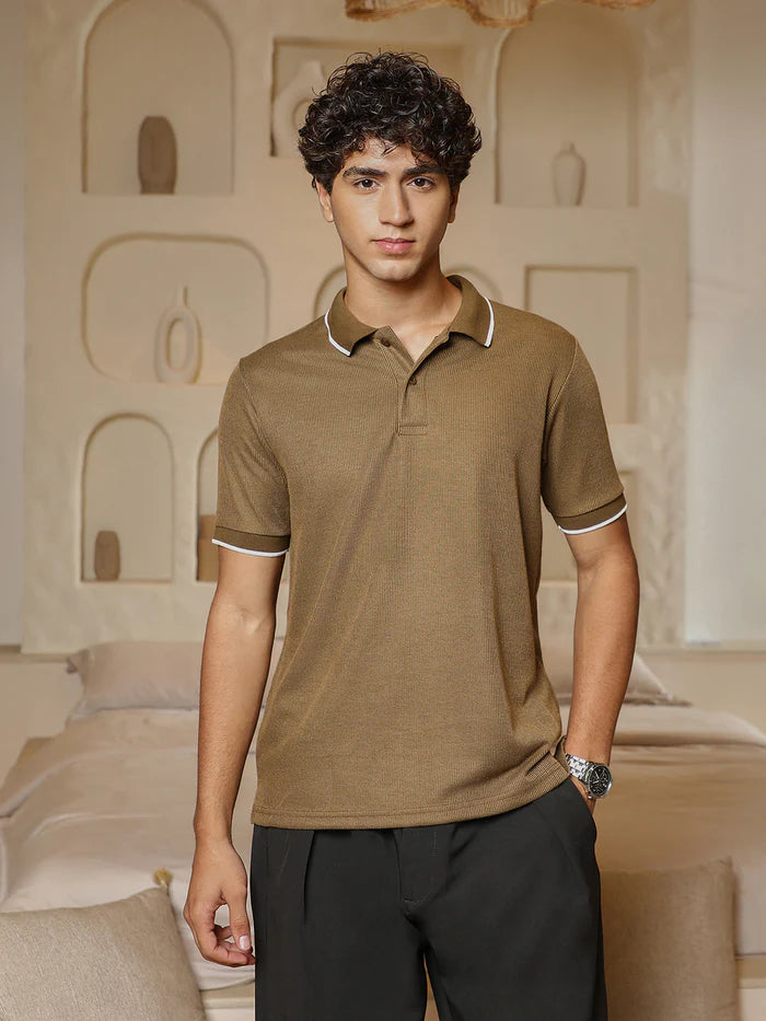 Ribbed Knit Polo T Shirt with Short Sleeves and Stylish Slim Fit Look
