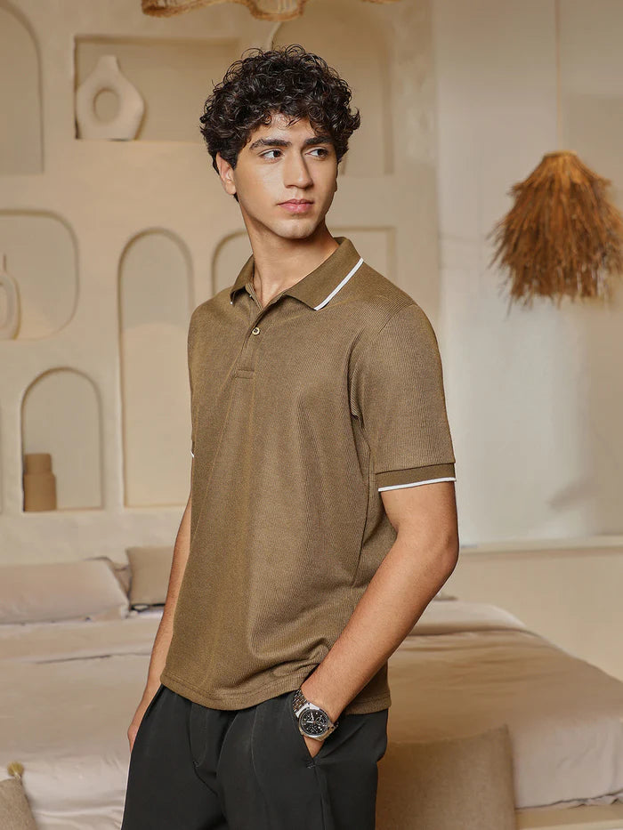 Ribbed Knit Polo T Shirt with Short Sleeves and Stylish Slim Fit Look