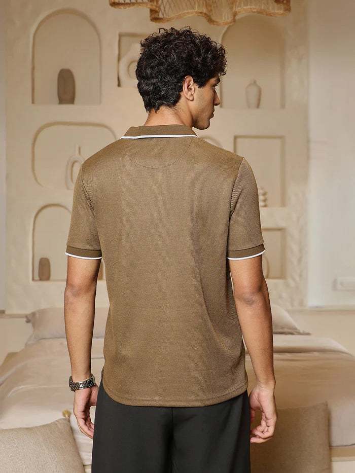 Ribbed Knit Polo T Shirt with Short Sleeves and Stylish Slim Fit Look