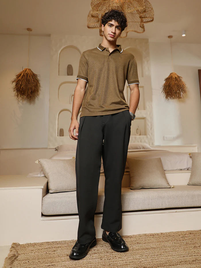 Ribbed Knit Polo T Shirt with Short Sleeves and Stylish Slim Fit Look