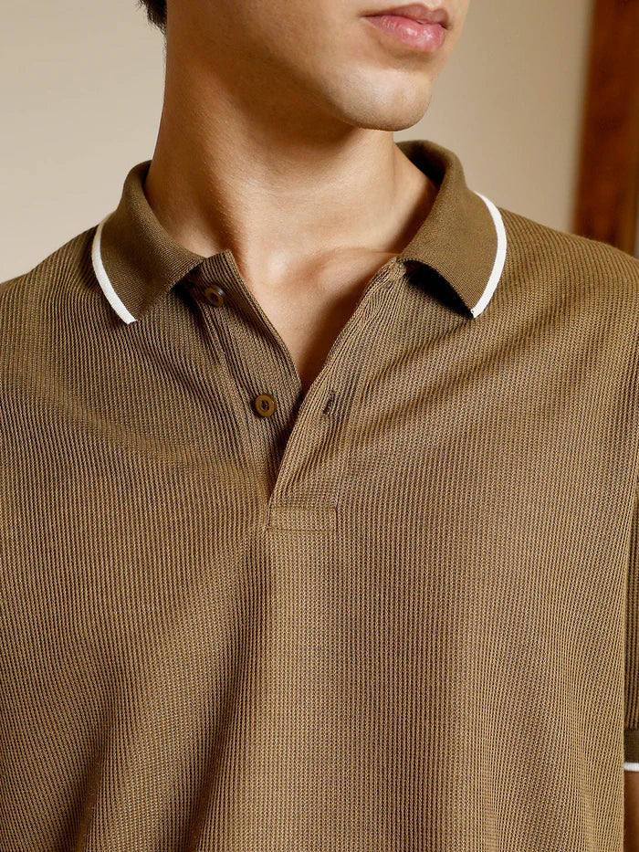 Ribbed Knit Polo T Shirt with Short Sleeves and Stylish Slim Fit Look