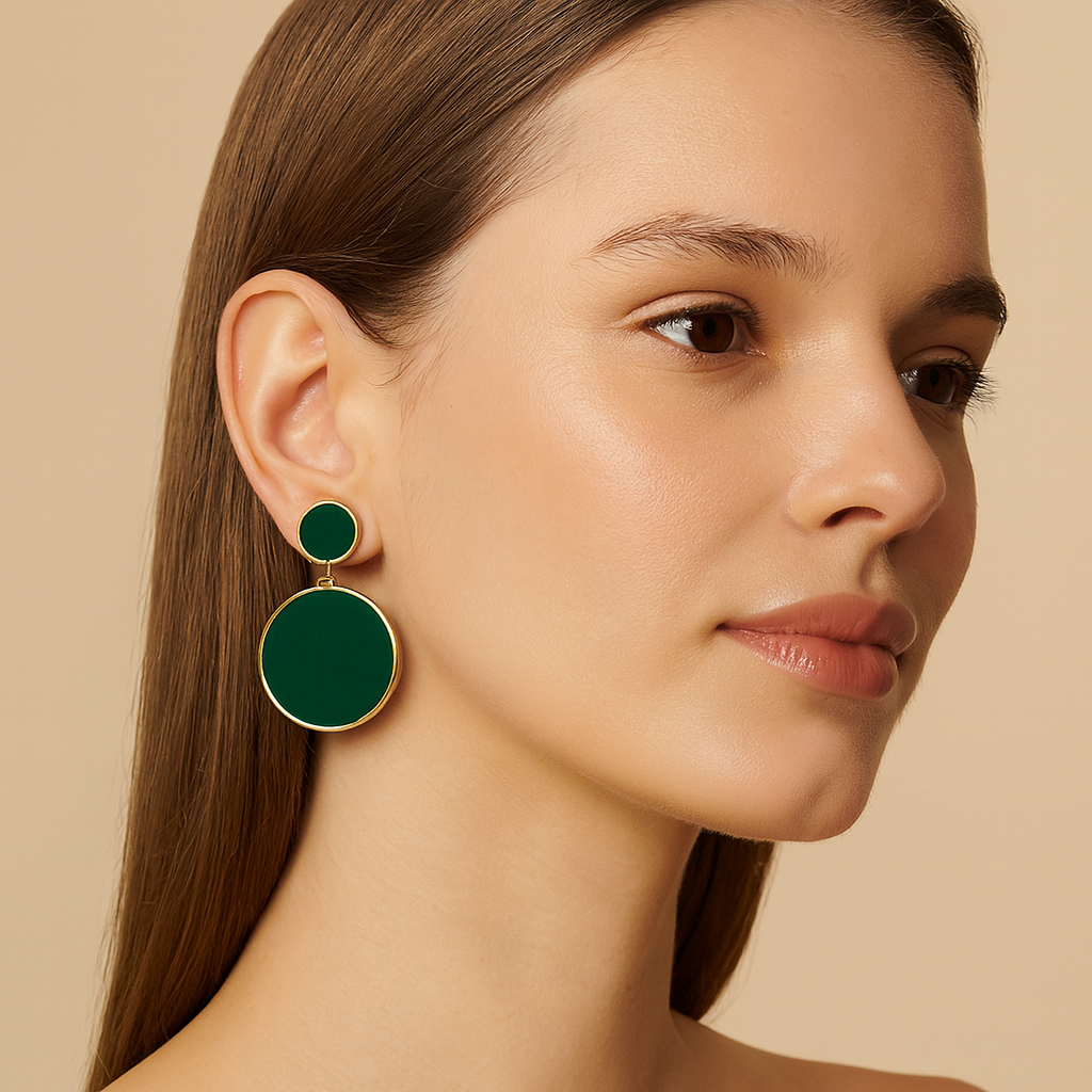 Trendy Brass Drop Earrings with Two-Layered Green Design