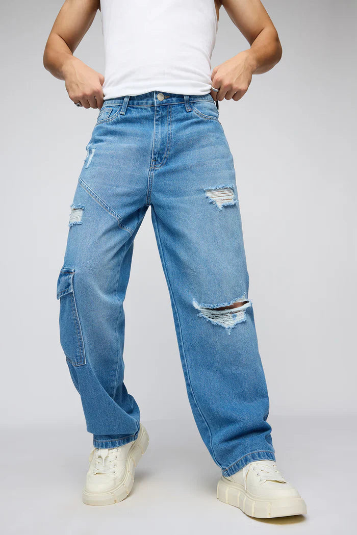 Comfortable Blue Streetwise Torn Jeans for Men in Classic Straight Fit Style