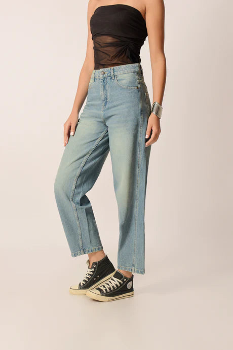 Womens Barrel Fit High Rise Jeans in Blue Tinted Wash with Comfortable Modern Style