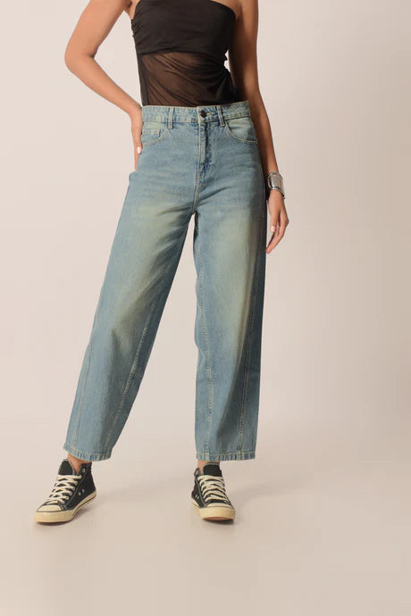 Womens Barrel Fit High Rise Jeans in Blue Tinted Wash with Comfortable Modern Style
